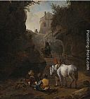 Famous Horse Paintings - Peasants Playing Cards by a White Horse in a Rocky Gully